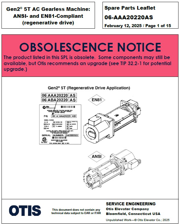 SPL 06-AAA20220AS (OBSOLETE) Gen2 5T AC Gearless Machine: ANSI- and EN81-Compliant (regenerative drive)
